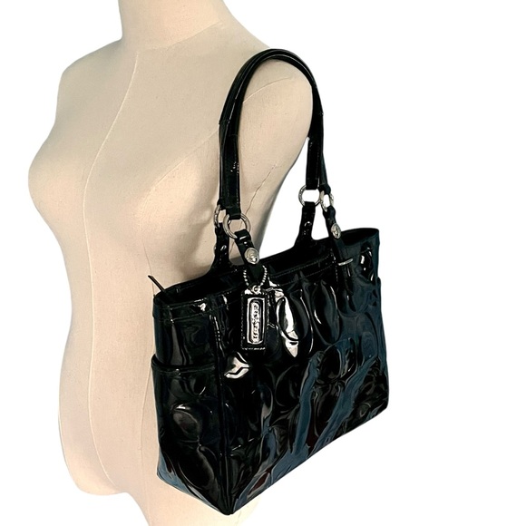 Coach Signature Embossed Black Patent Leather Tote Shoulder Bag Satchel F16564 - Picture 3 of 12